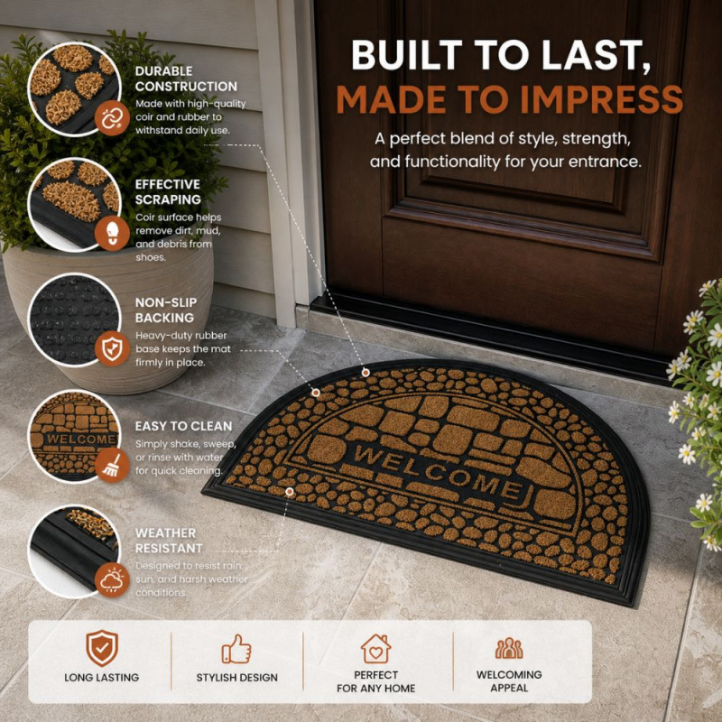 Professional Semicircular "Welcome" Entrance Doormat – Brown & Black Rubber/Coir (90cm)