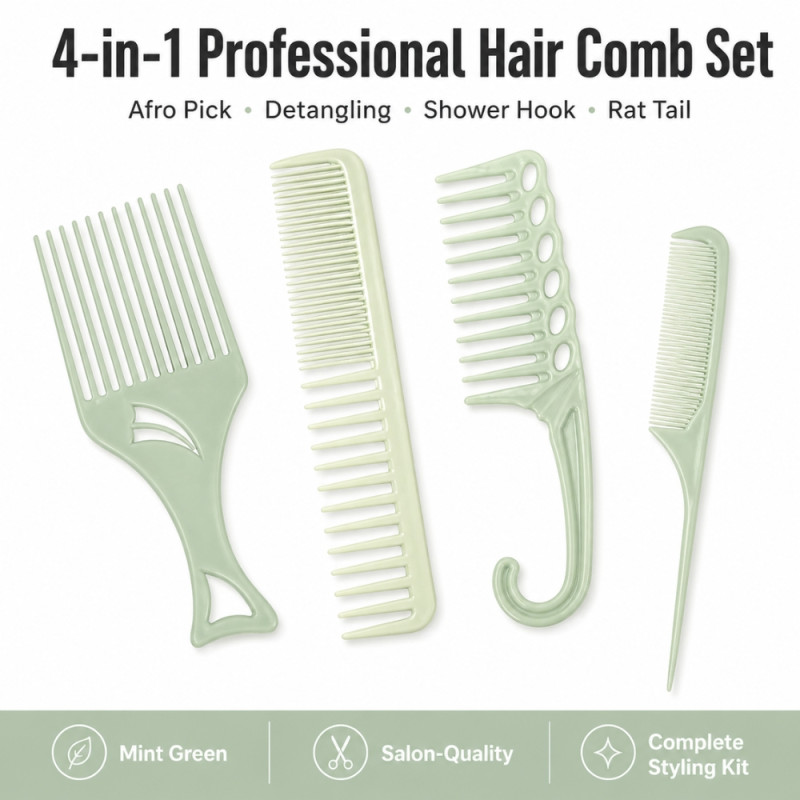 Professional 4-Piece Sage Green Hair Styling Comb Set