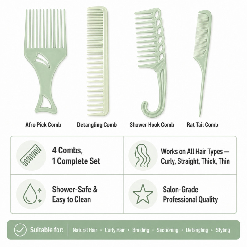 Professional 4-Piece Sage Green Hair Styling Comb Set