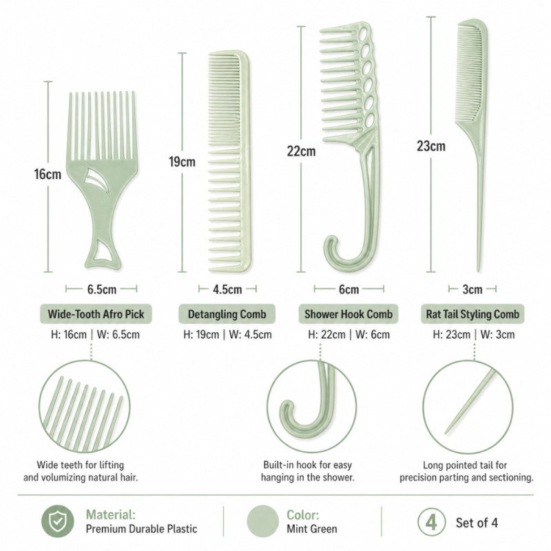 Professional 4-Piece Sage Green Hair Styling Comb Set
