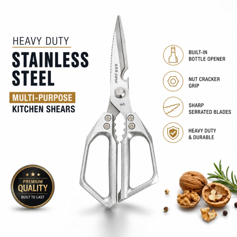 Contrast heavy-duty, multi-purpose stainless steel kitchen shears featuring an ergonomic, open-frame metal handle – Silver (23 x 16cm)