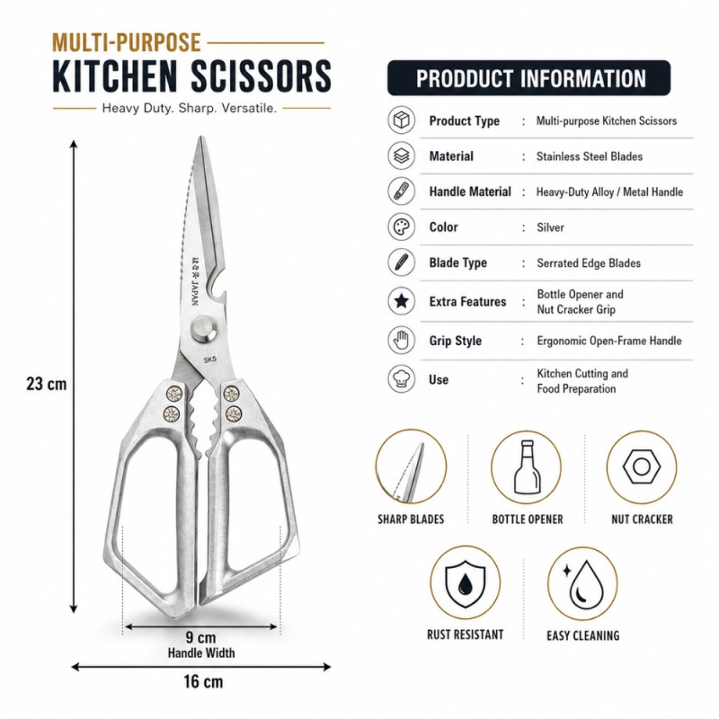 Contrast heavy-duty, multi-purpose stainless steel kitchen shears featuring an ergonomic, open-frame metal handle – Silver (23 x 16cm)