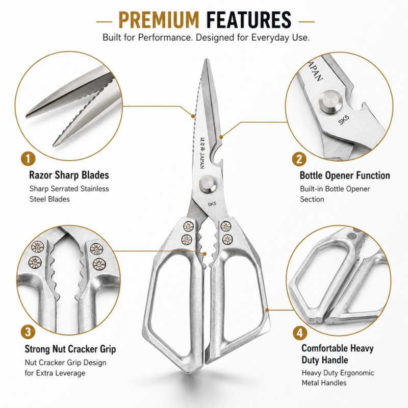 Contrast heavy-duty, multi-purpose stainless steel kitchen shears featuring an ergonomic, open-frame metal handle – Silver (23 x 16cm)
