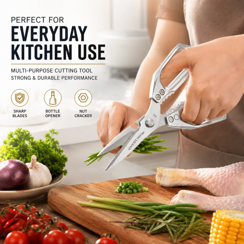 Contrast heavy-duty, multi-purpose stainless steel kitchen shears featuring an ergonomic, open-frame metal handle – Silver (23 x 16cm)