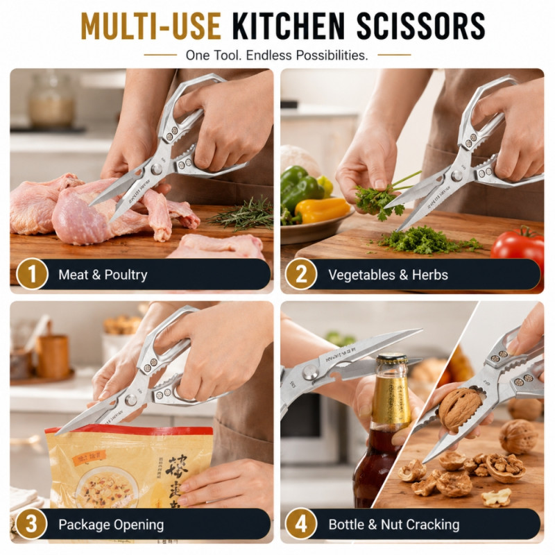 Contrast heavy-duty, multi-purpose stainless steel kitchen shears featuring an ergonomic, open-frame metal handle – Silver (23 x 16cm)
