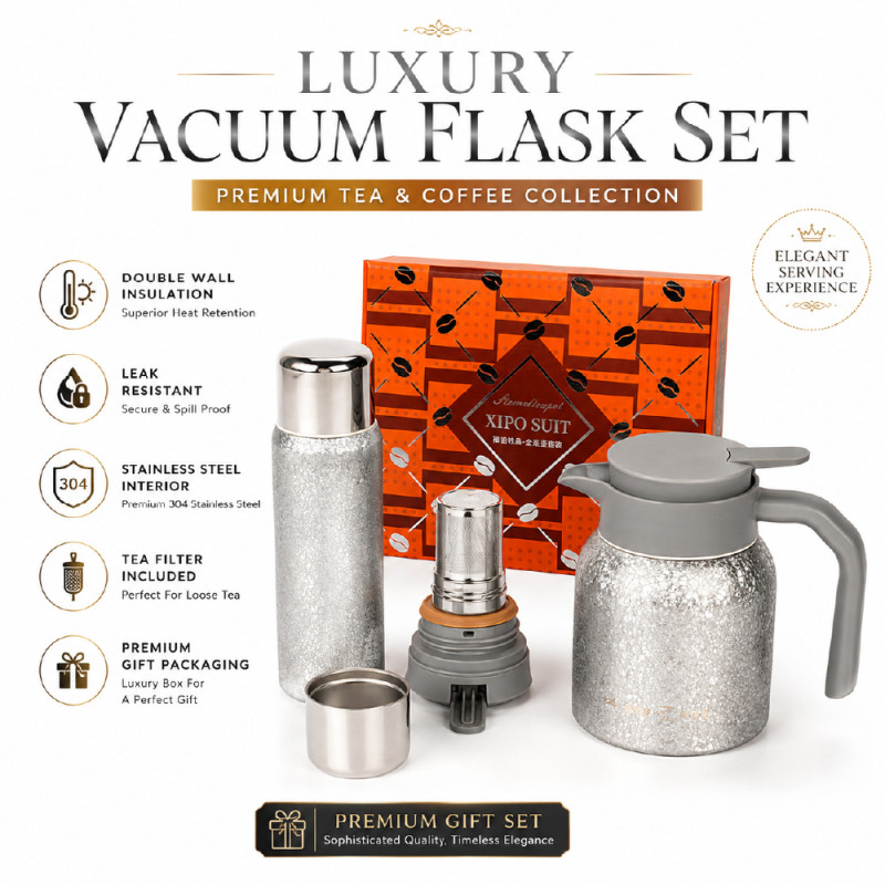 Premium Insulated Vacuum Flask Set – Silver Arabic Coffee Style (23 x 5.5 cm | 18 x10 cm)