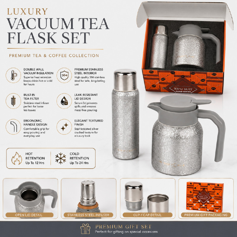 Premium Insulated Vacuum Flask Set – Silver Arabic Coffee Style (23 x 5.5 cm | 18 x10 cm)