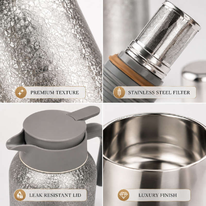 Premium Insulated Vacuum Flask Set – Silver Arabic Coffee Style (23 x 5.5 cm | 18 x10 cm)