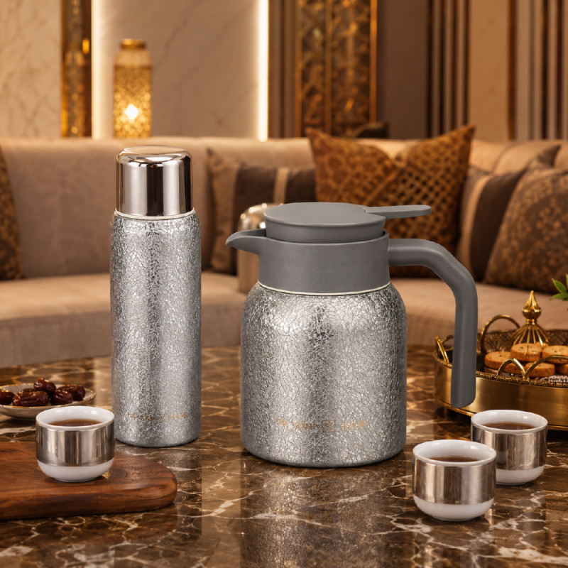Premium Insulated Vacuum Flask Set – Silver Arabic Coffee Style (23 x 5.5 cm | 18 x10 cm)