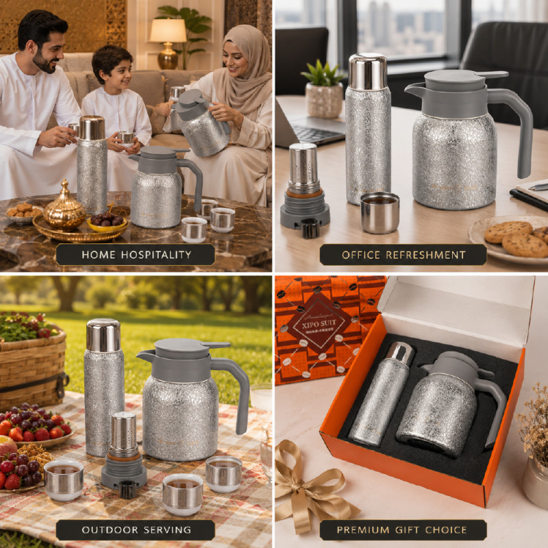 Premium Insulated Vacuum Flask Set – Silver Arabic Coffee Style (23 x 5.5 cm | 18 x10 cm)
