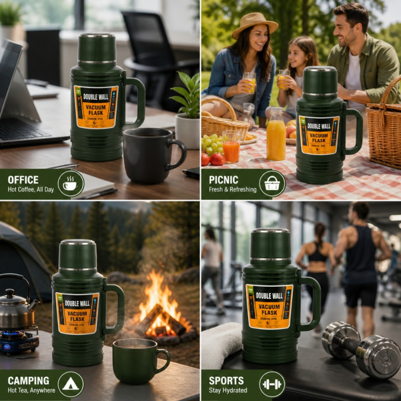 Professional Double-Wall Vacuum Flask – Forest Green Stainless Steel (36.5cm)