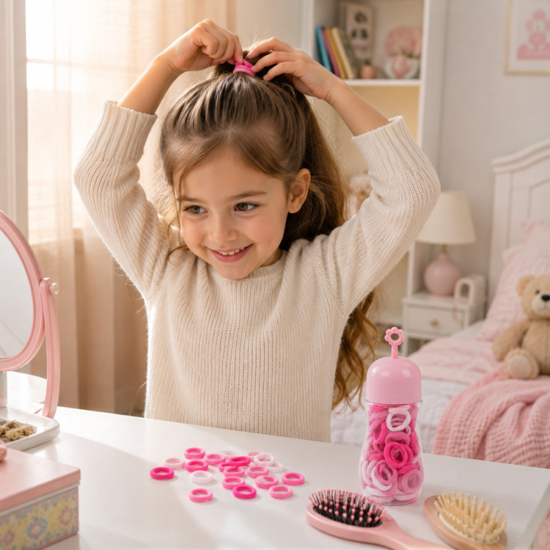 Elegant mini hair ties in a pink storage container featuring a cute daisy-shaped handle – white &amp; Pink (13 x 5cm)