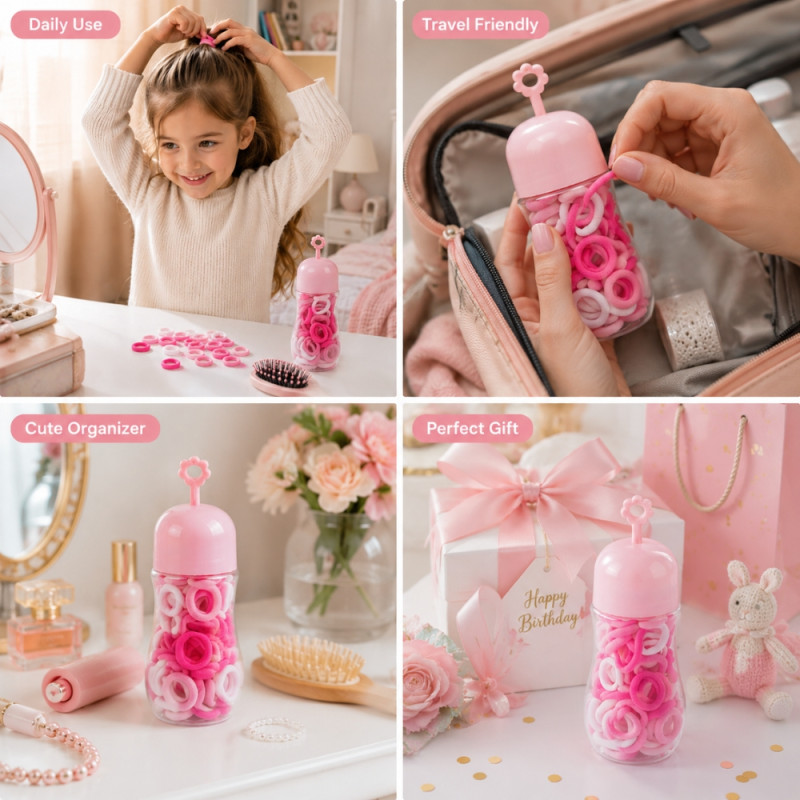 Elegant mini hair ties in a pink storage container featuring a cute daisy-shaped handle – white &amp; Pink (13 x 5cm)