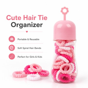 Deluxe pink storage jar filled with assorted hair ties – white & Pink (13 x 4.5cm) Deluxe pink storage jar filled with assorted hair ties – white & Pink (13 x 4.5cm)