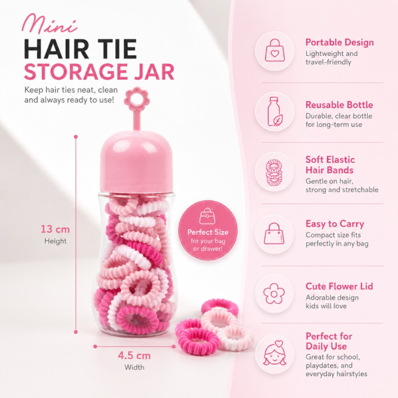 Deluxe pink storage jar filled with assorted hair ties – white & Pink (13 x 4.5cm)
