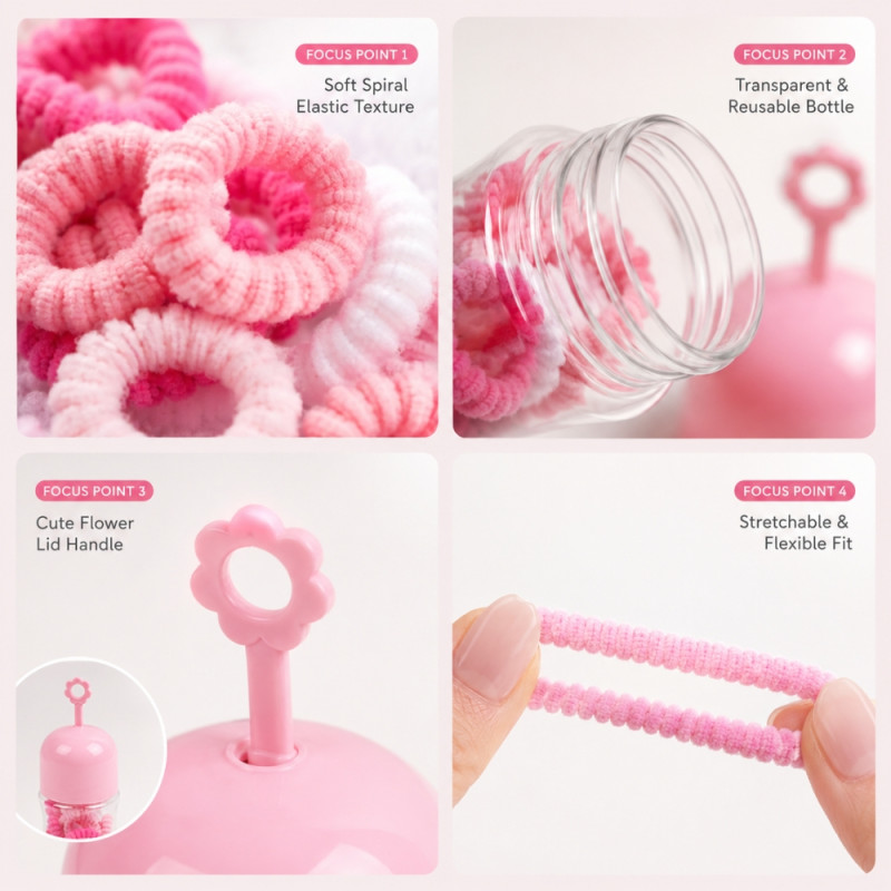 Deluxe pink storage jar filled with assorted hair ties – white & Pink (13 x 4.5cm)