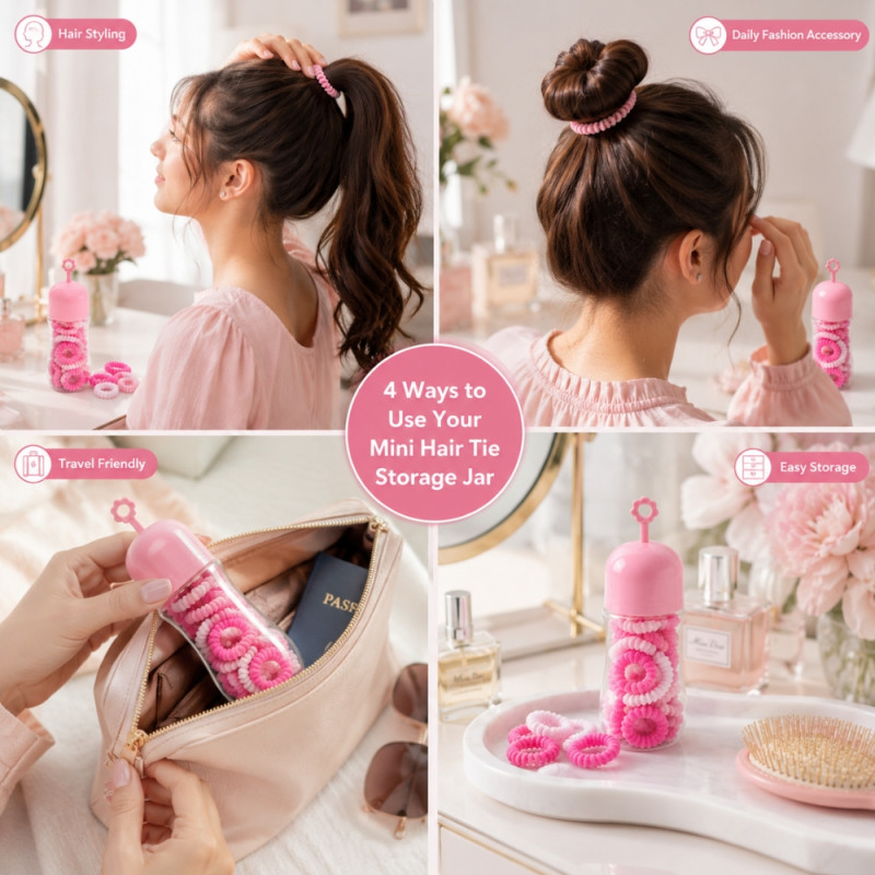 Deluxe pink storage jar filled with assorted hair ties – white & Pink (13 x 4.5cm)