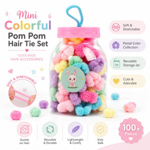Sophisticated pastel-colored mini pom pom hair ties packaged in a reusable plastic storage jar with a pink lid – Multi Color (10.5 x 7cm)