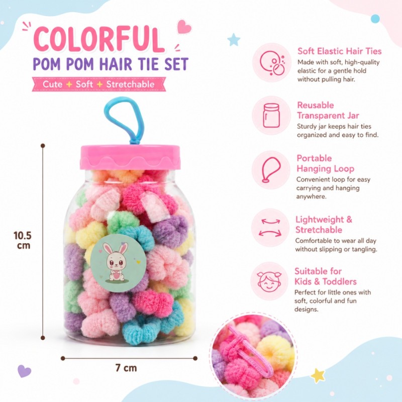 Sophisticated pastel-colored mini pom pom hair ties packaged in a reusable plastic storage jar with a pink lid – Multi Color (10.5 x 7cm)