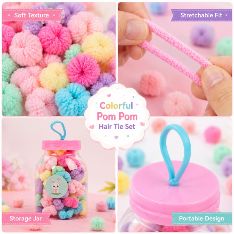 Sophisticated pastel-colored mini pom pom hair ties packaged in a reusable plastic storage jar with a pink lid – Multi Color (10.5 x 7cm)