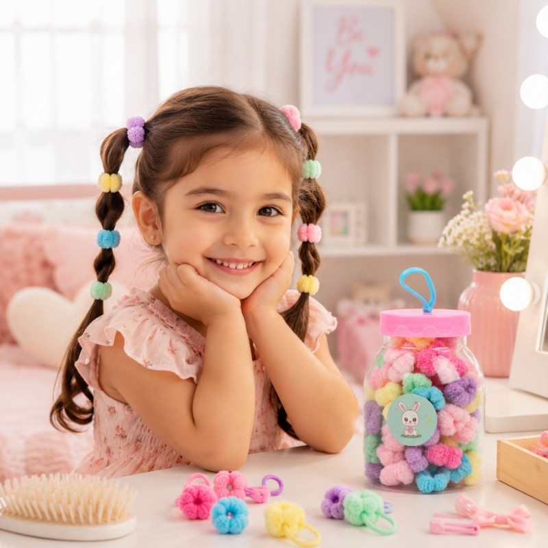 Sophisticated pastel-colored mini pom pom hair ties packaged in a reusable plastic storage jar with a pink lid – Multi Color (10.5 x 7cm)
