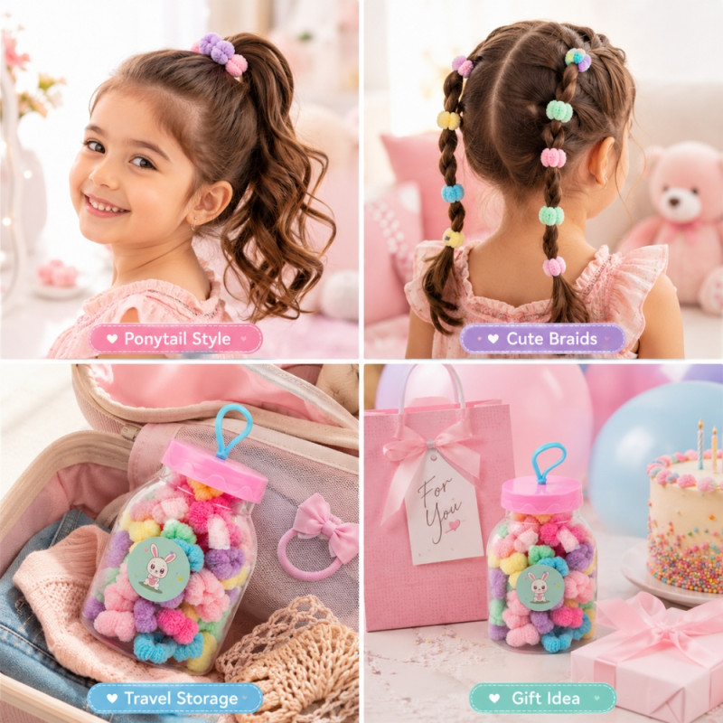 Sophisticated pastel-colored mini pom pom hair ties packaged in a reusable plastic storage jar with a pink lid – Multi Color (10.5 x 7cm)