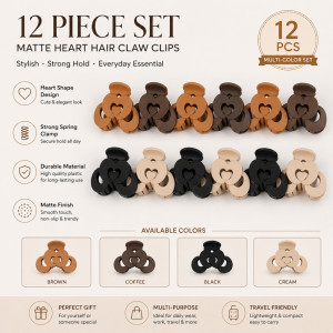 Balanced 12-piece set of matte heart-shaped hair claw clips available in various neutral colors – Multi Color (7cm)