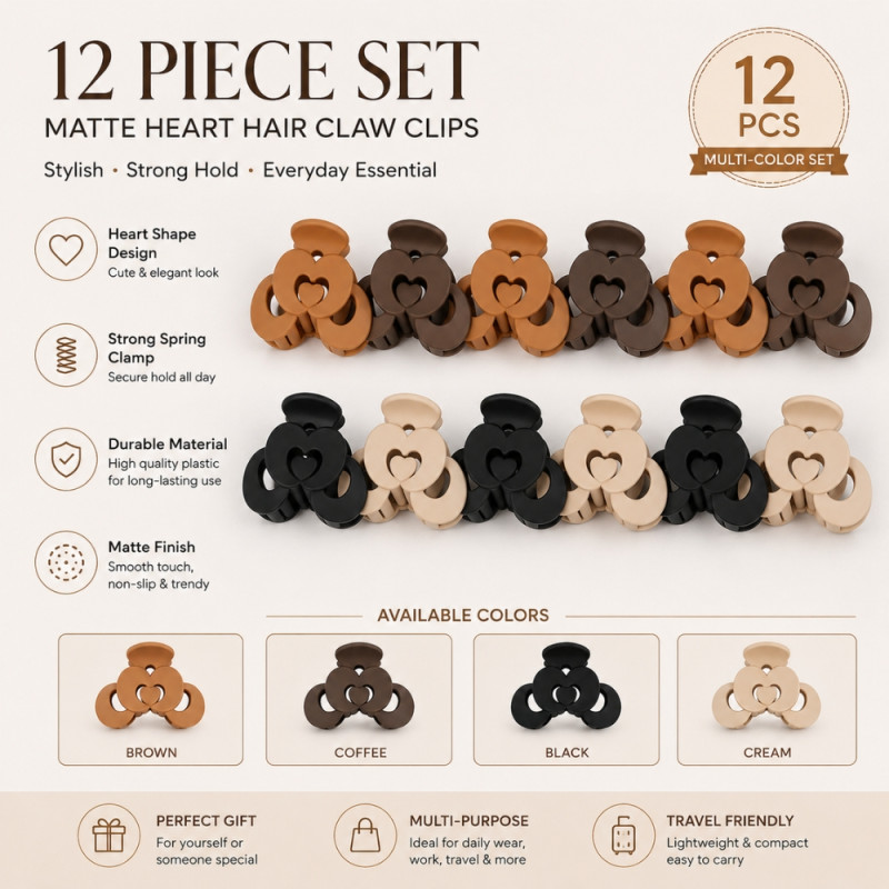 Balanced 12-piece set of matte heart-shaped hair claw clips available in various neutral colors – Multi Color (7cm)