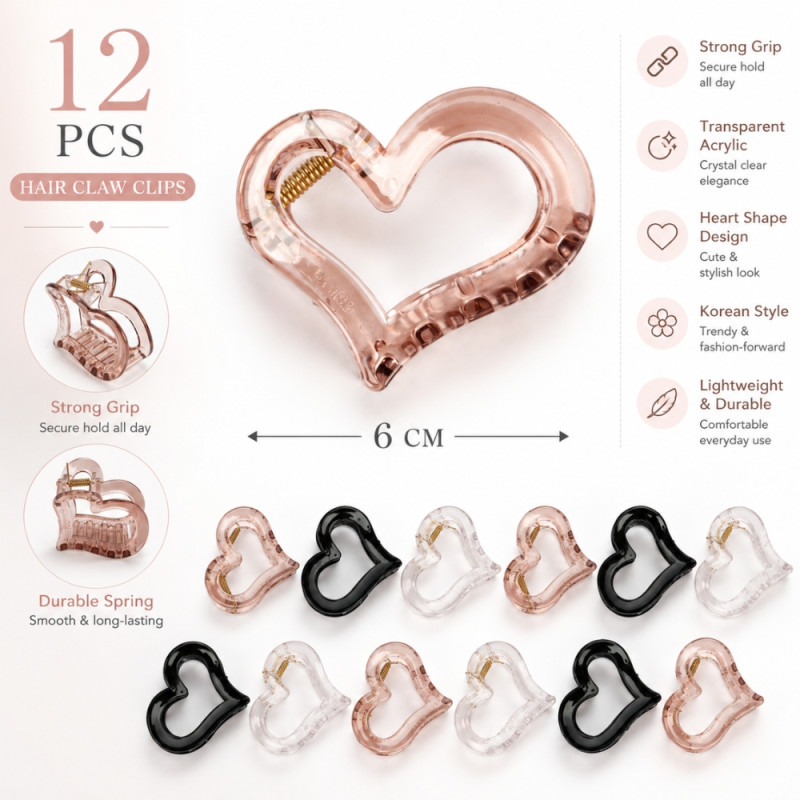 Empowering 12-piece set of transparent acrylic heart-shaped hair claw clips – Gray Orange (12PCS)