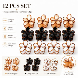 Rebellious glossy acrylic floral claw clips available in a 12-piece set featuring tortoiseshell, black, and white colors – Multi Color (12PCS)