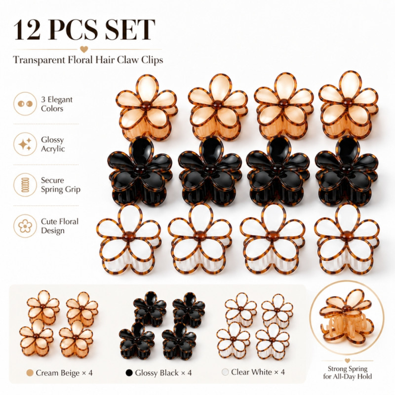 Rebellious glossy acrylic floral claw clips available in a 12-piece set featuring tortoiseshell, black, and white colors – Multi Color (12PCS)
