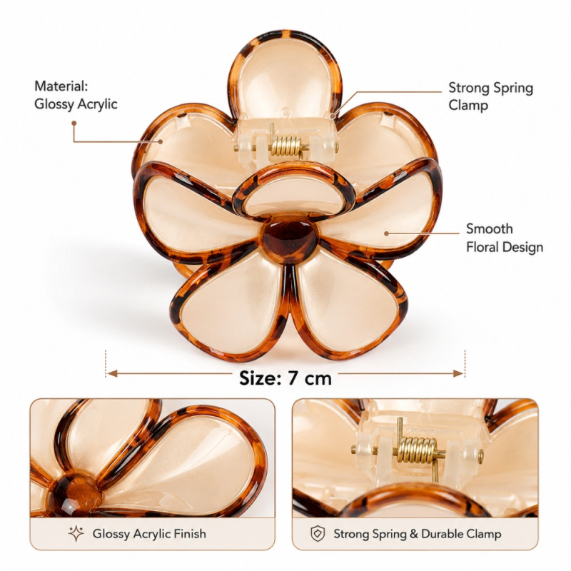Rebellious glossy acrylic floral claw clips available in a 12-piece set featuring tortoiseshell, black, and white colors – Multi Color (12PCS)