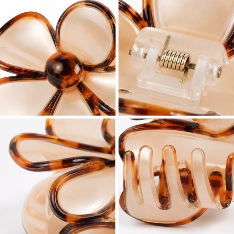 Rebellious glossy acrylic floral claw clips available in a 12-piece set featuring tortoiseshell, black, and white colors – Multi Color (12PCS)