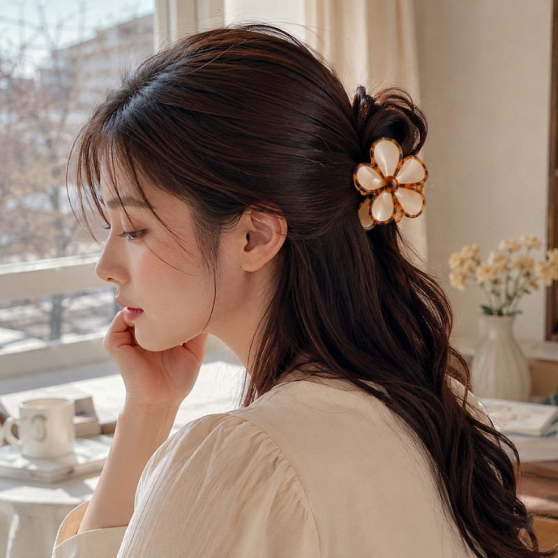 Rebellious glossy acrylic floral claw clips available in a 12-piece set featuring tortoiseshell, black, and white colors – Multi Color (12PCS)