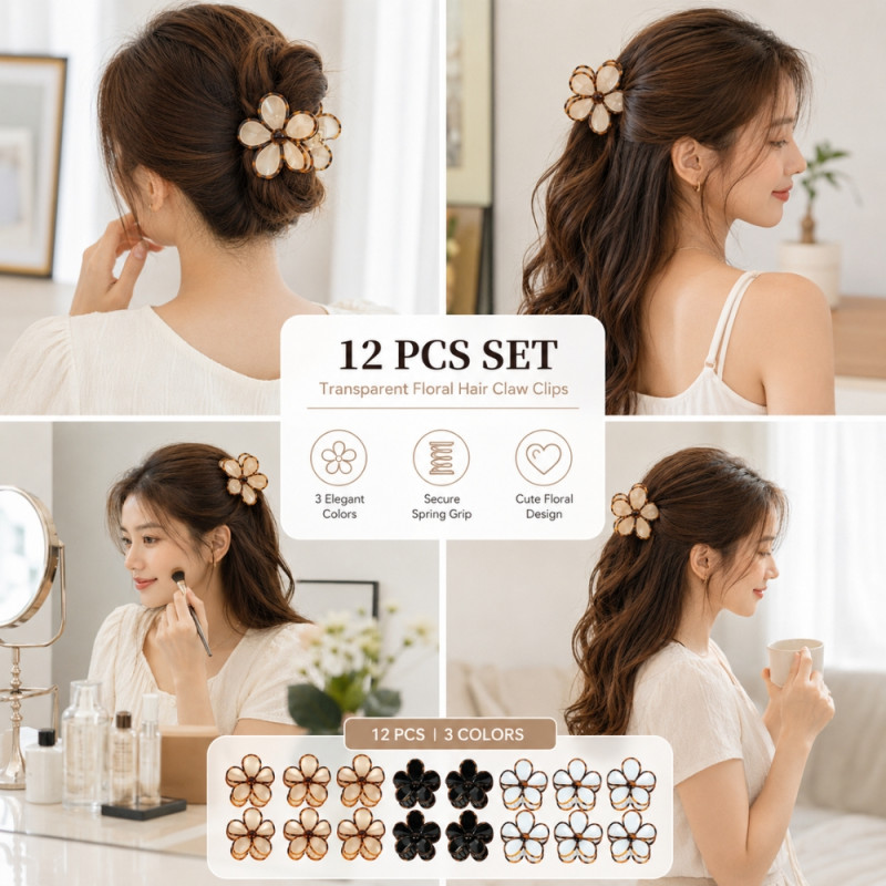 Rebellious glossy acrylic floral claw clips available in a 12-piece set featuring tortoiseshell, black, and white colors – Multi Color (12PCS)