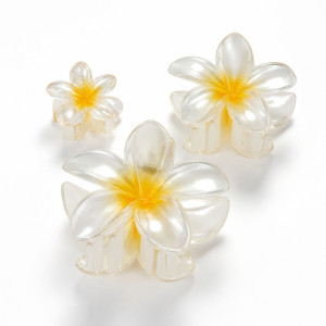 Artisanal Hawaiian plumeria flower hair claw clips in translucent white and yellow – White & Yellow (3PCS)