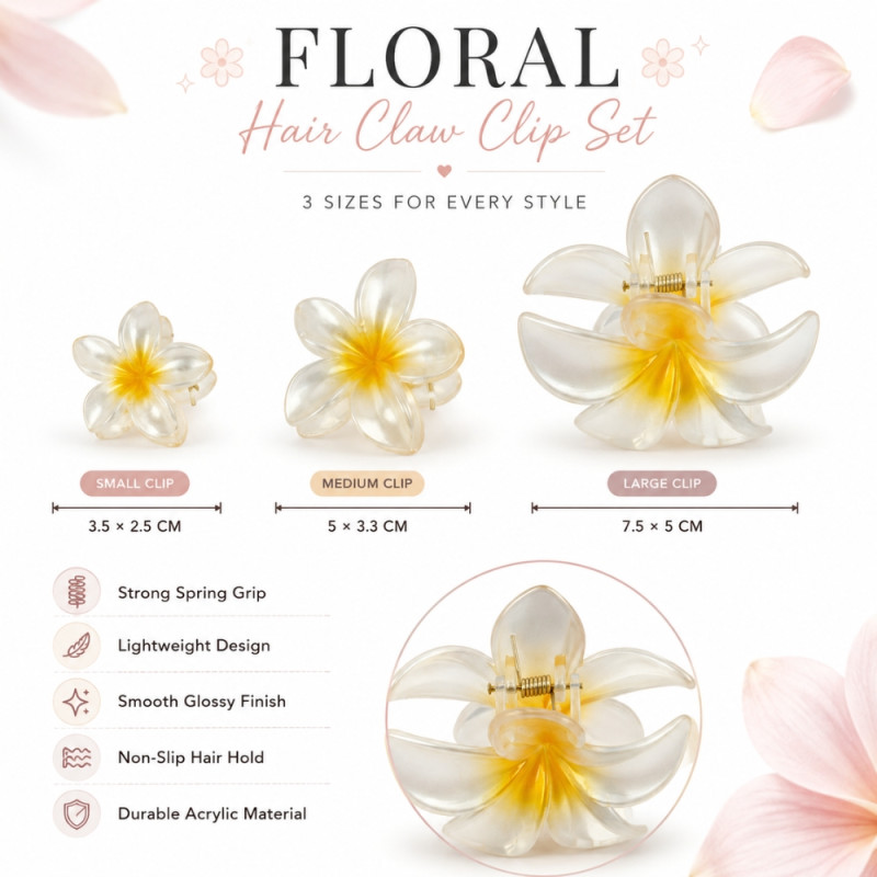Artisanal Hawaiian plumeria flower hair claw clips in translucent white and yellow – White & Yellow (3PCS)