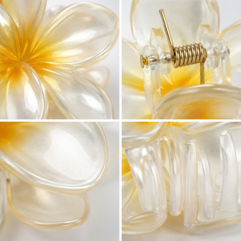 Artisanal Hawaiian plumeria flower hair claw clips in translucent white and yellow – White & Yellow (3PCS)