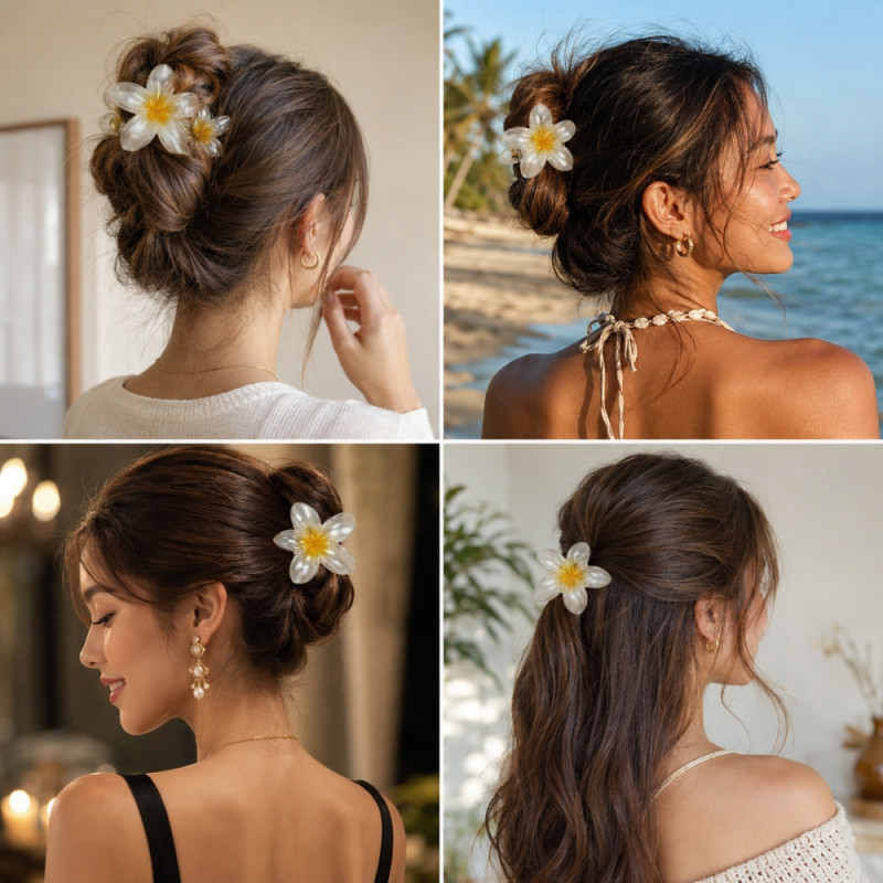 Artisanal Hawaiian plumeria flower hair claw clips in translucent white and yellow – White & Yellow (3PCS)