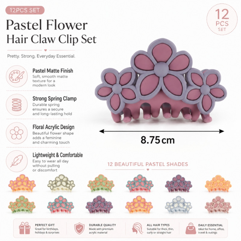Edgy 12-piece set of flower-shaped matte finish hair claw clips featuring assorted pastel colors – Multi Color (12PCS)