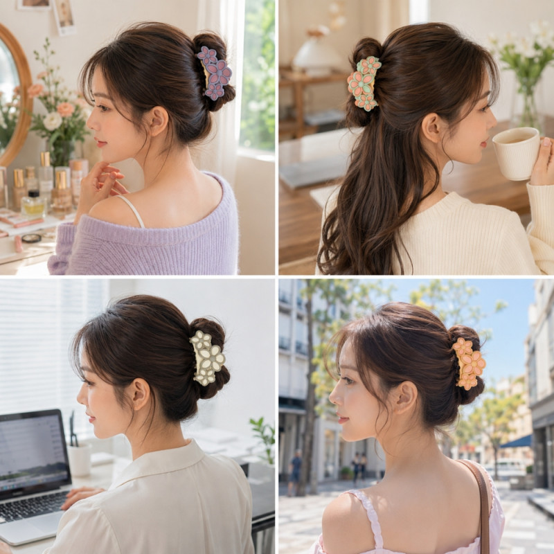 Edgy 12-piece set of flower-shaped matte finish hair claw clips featuring assorted pastel colors – Multi Color (12PCS)