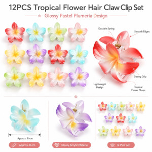 Playful 12-piece set of glossy pastel plumeria design hair claw clips – Multi Color (12PCS)