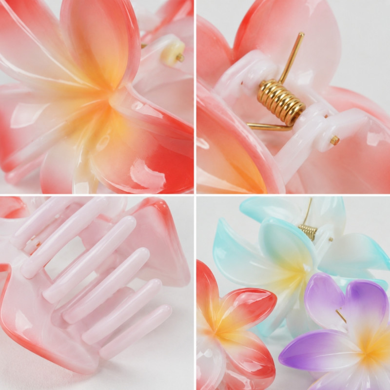 Playful 12-piece set of glossy pastel plumeria design hair claw clips – Multi Color (12PCS)