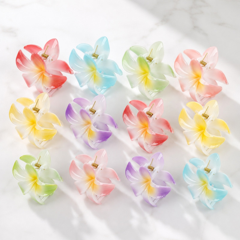 Playful 12-piece set of glossy pastel plumeria design hair claw clips – Multi Color (12PCS)