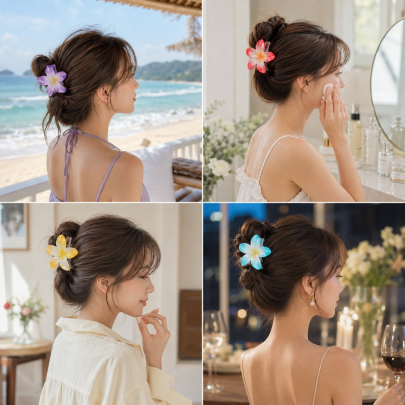 Playful 12-piece set of glossy pastel plumeria design hair claw clips – Multi Color (12PCS)