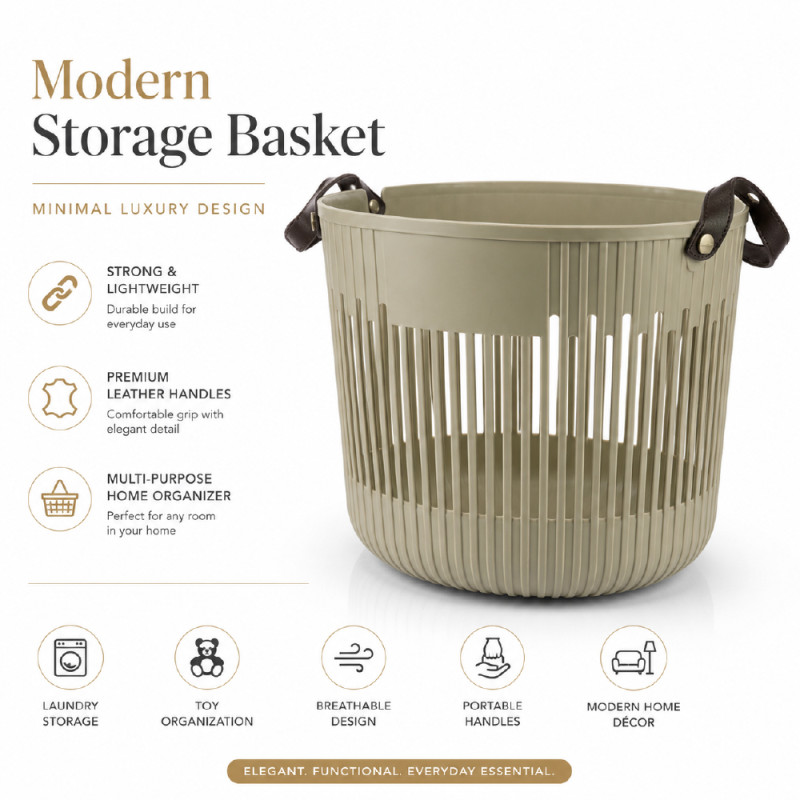 Modern Vertical Slat Plastic Storage Basket – Olive with Leather Handles (36 x 38 cm)
