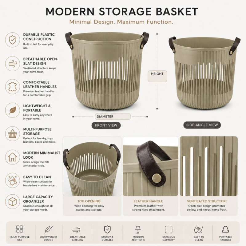 Modern Vertical Slat Plastic Storage Basket – Olive with Leather Handles (36 x 38 cm)