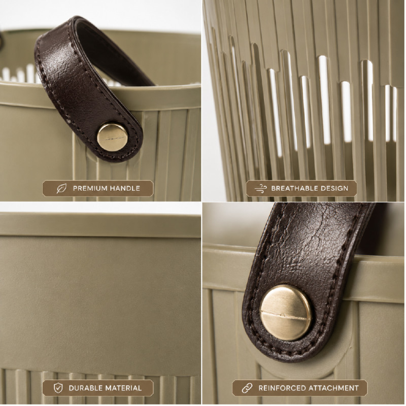 Modern Vertical Slat Plastic Storage Basket – Olive with Leather Handles (36 x 38 cm)