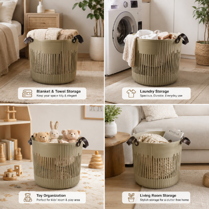Modern Vertical Slat Plastic Storage Basket – Olive with Leather Handles (36 x 38 cm)