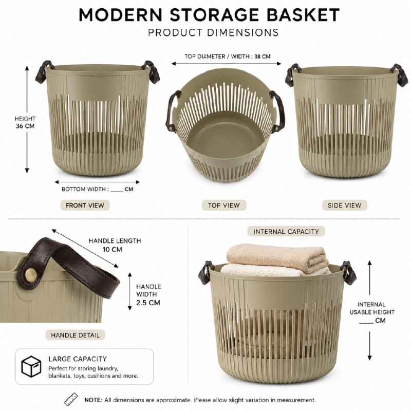 Modern Vertical Slat Plastic Storage Basket – Olive with Leather Handles (36 x 38 cm)